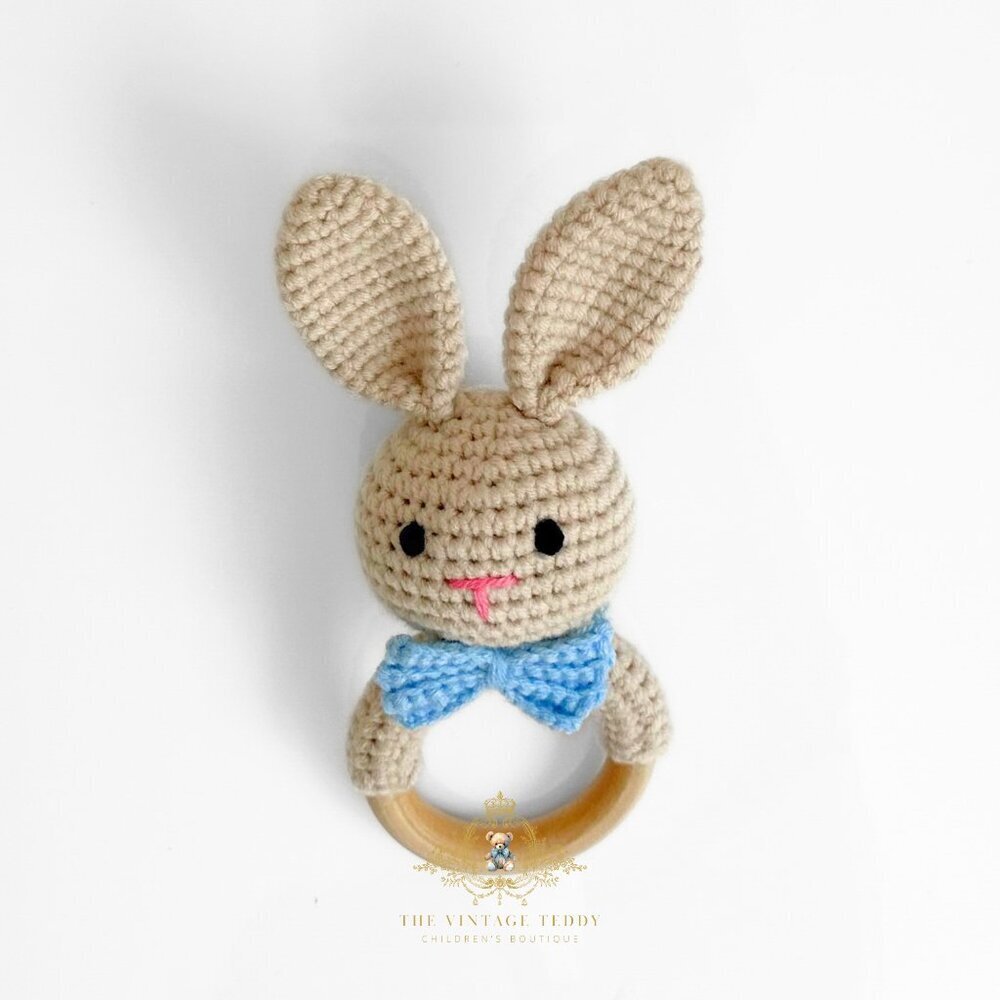 NWT Cute Handmade Crochet Mr. Bunny Baby Rattle Baby & Toddler Wooden Plush Toys